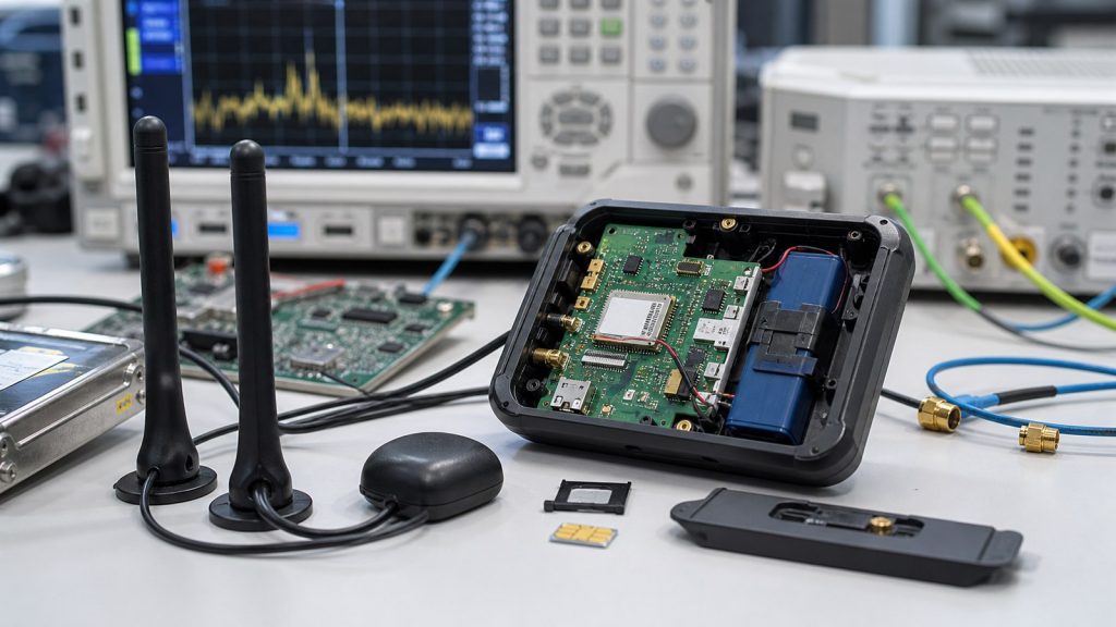 4G connected device prototype with cellular antennas, modem module, SIM tray, and RF test equipment