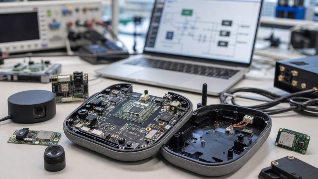 AI hardware product prototype with edge compute module, sensors, PCB, and test equipment on a lab bench