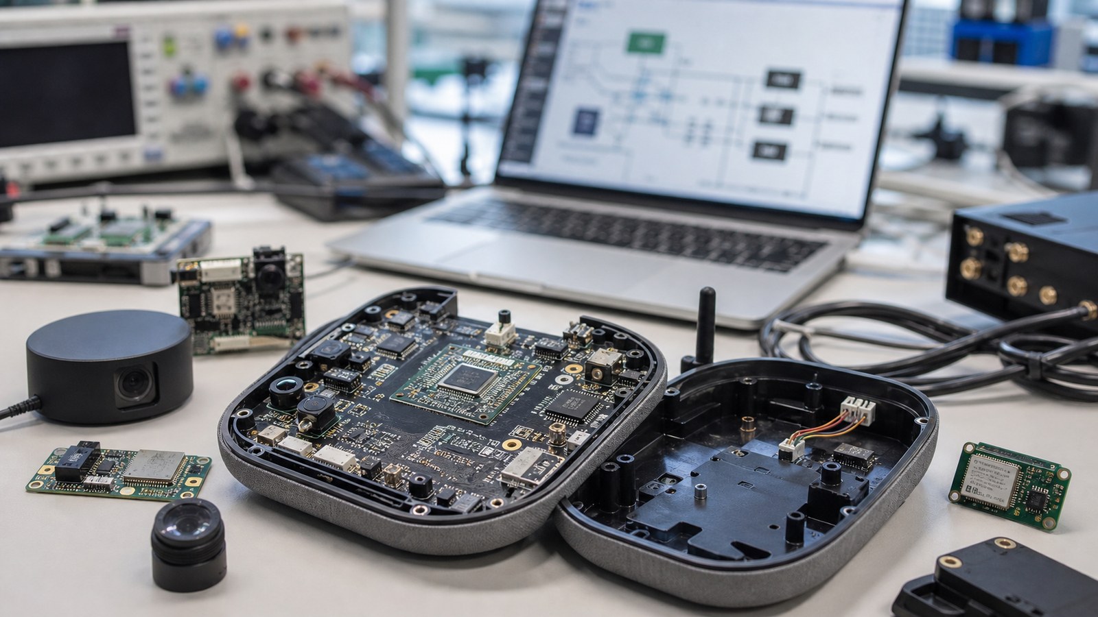 AI hardware product prototype with edge compute module, sensors, PCB, and test equipment on a lab bench