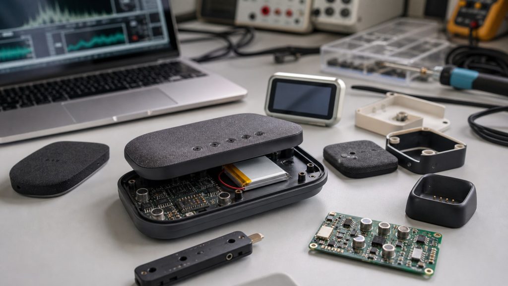 AI note taker prototype with microphone array, charging hardware, PCB, and casing parts on an engineering bench