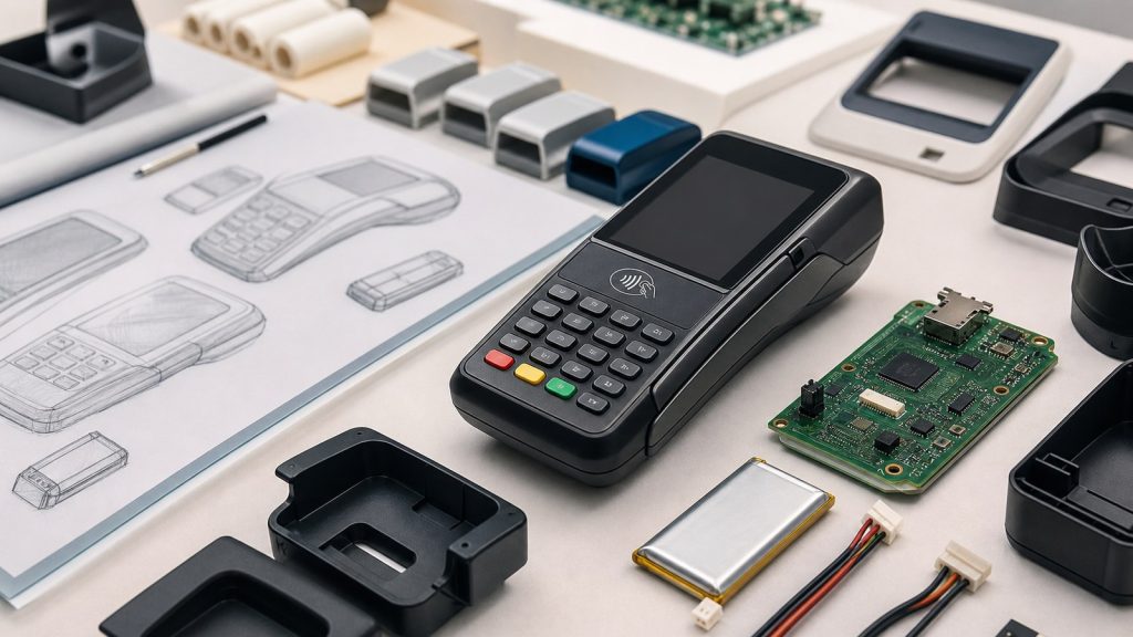 Custom POS terminal prototype with PCB and casing components on a product design bench