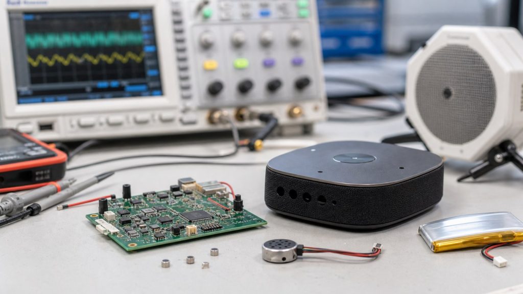 Low power wake word device prototype with PCB, MEMS microphone parts, battery, and audio test equipment