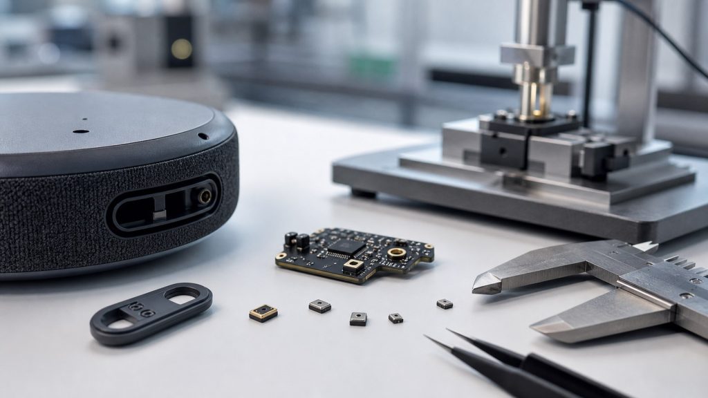MEMS microphone components and connected device audio hardware on an engineering bench