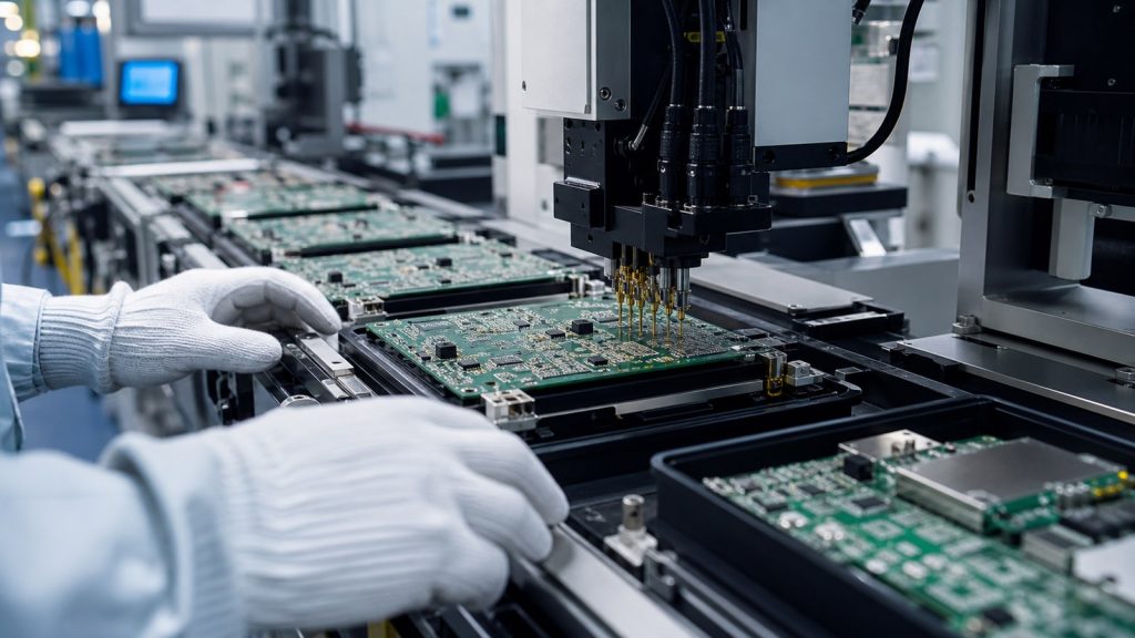 Electronics manufacturing line with PCB assembly, inspection, and functional test fixtures