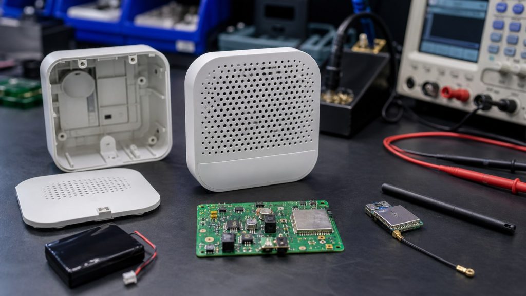 Payment soundbox prototype with speaker grille, PCB, battery, and wireless module components