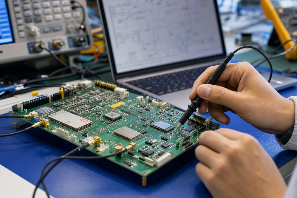 Hardware engineering workbench with PCB wireless modules, RF test cables, laptop schematic, and probe testing