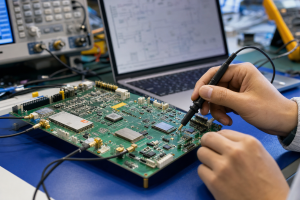 Hardware engineering workbench with PCB wireless modules, RF test cables, laptop schematic, and probe testing