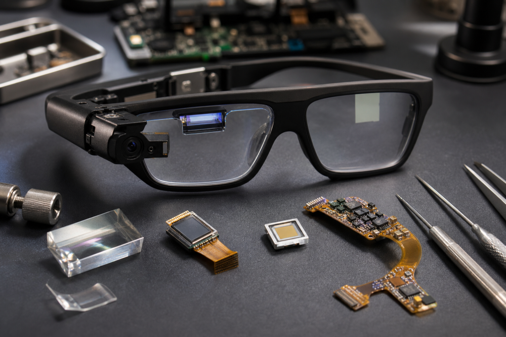 AI smart glasses display hardware prototype with waveguide lens and compact electronics