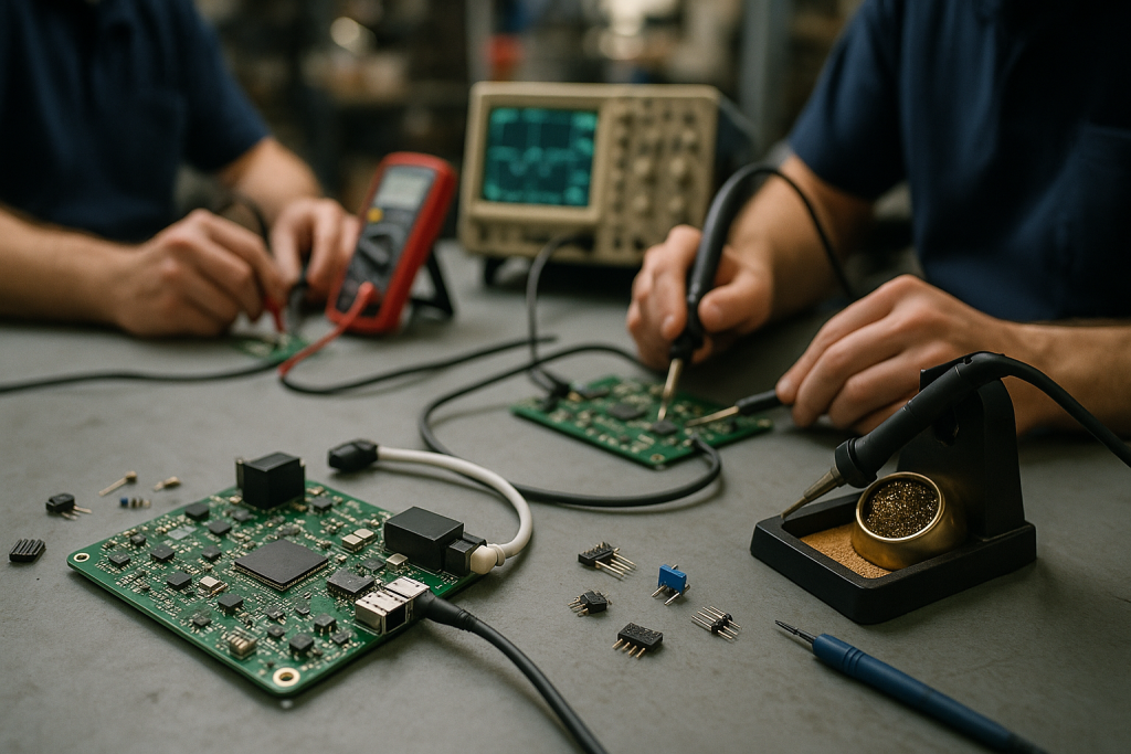 Technician assembling and testing a populated PCB on a factory bench with test equipment in the background