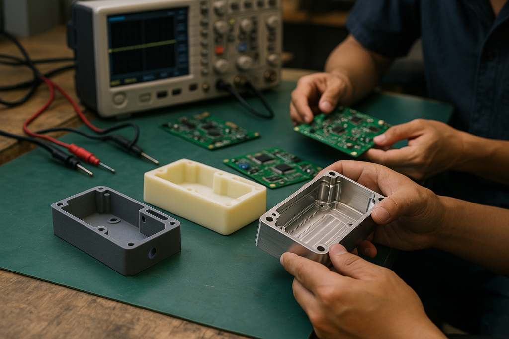 Photorealistic photo of prototype enclosures on an engineering workbench including CNC part, 3D print, and urethane cast sample with PCB and test gear