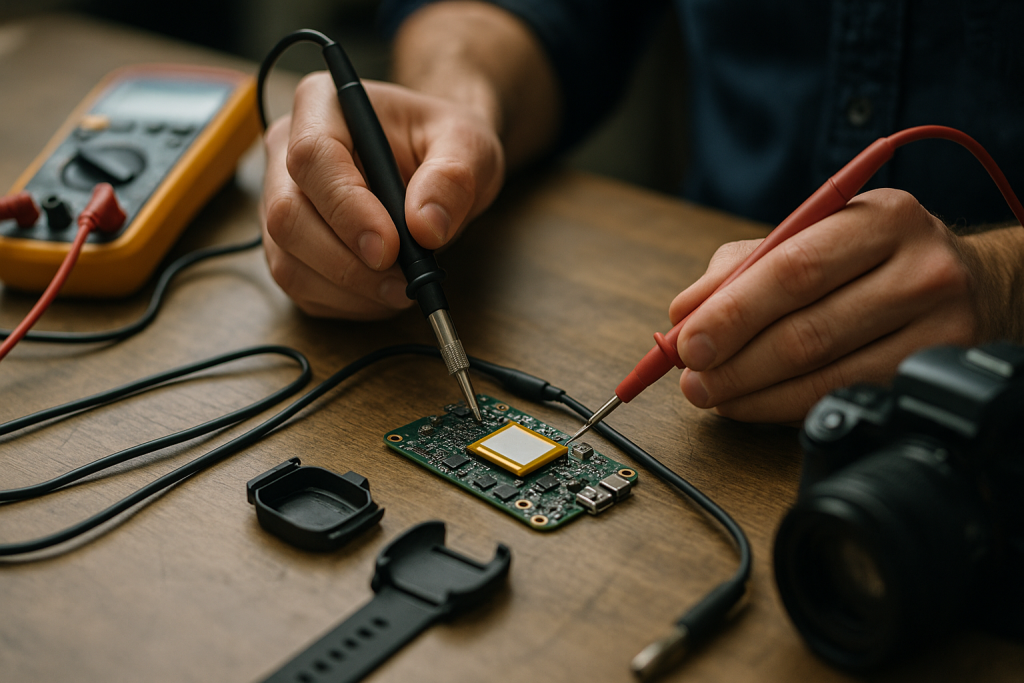 Engineers testing wearable PCB and battery on a workbench with measurement equipment, close up photo