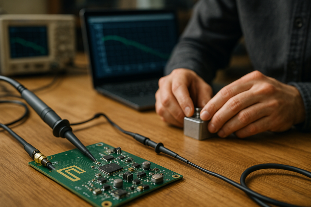 Realistic photo of a populated PCB with antenna, RF test equipment, and an engineer at a workbench