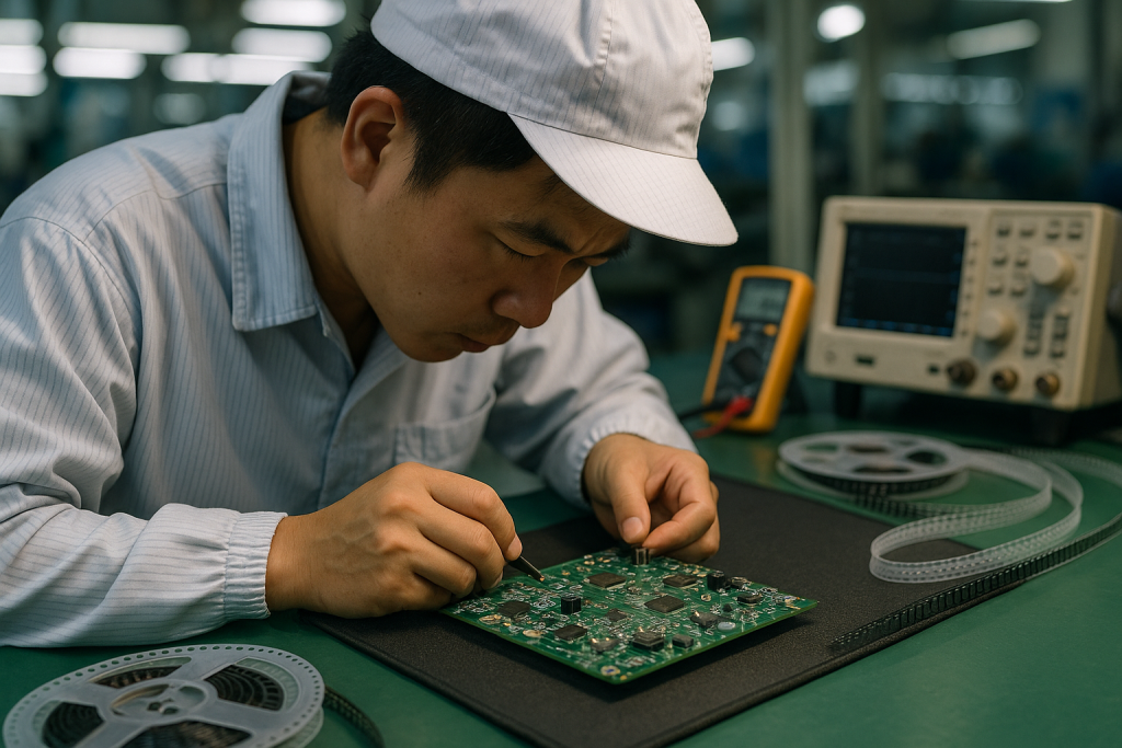 Technician inspecting a populated PCB at a manufacturing bench with testing equipment visible