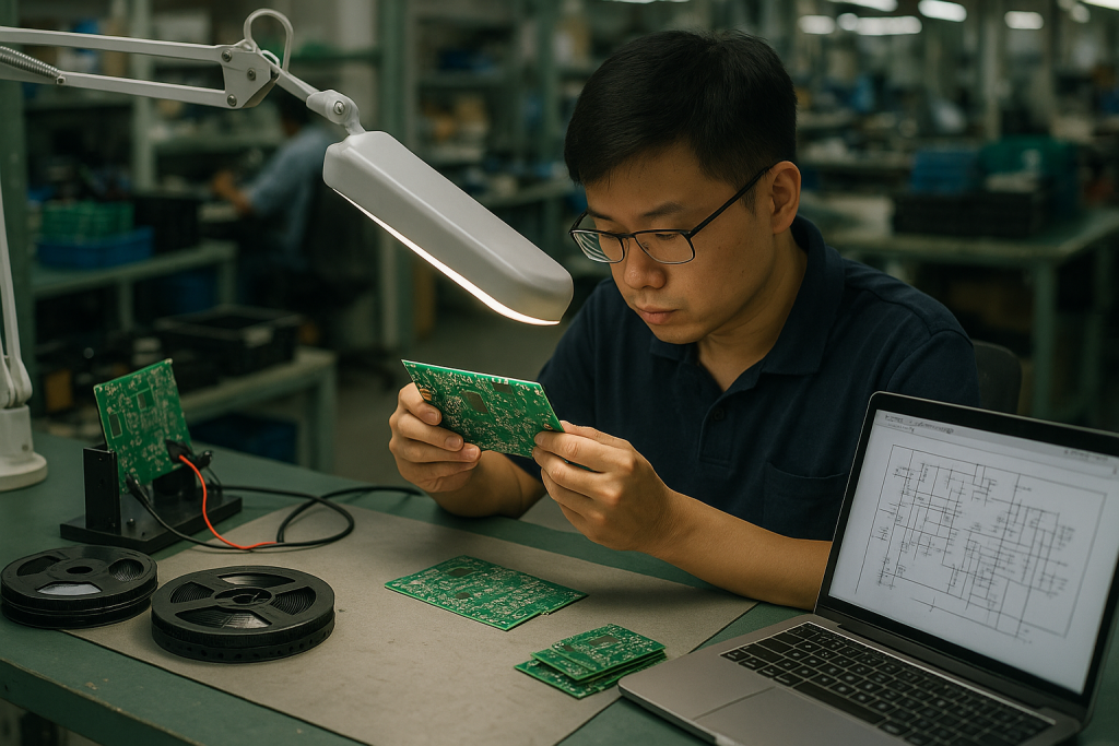 Technician inspecting a printed circuit board on a workbench at Shenzhen Futurezen, test fixtures and components visible