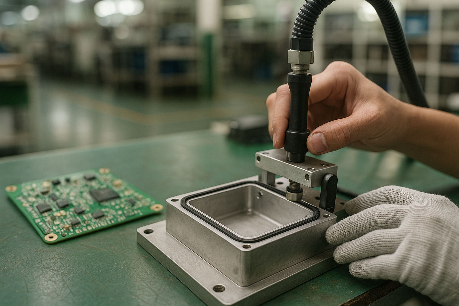 Technician at a Shenzhen workbench testing a gasketed enclosure for water ingress with a production leak test fixture