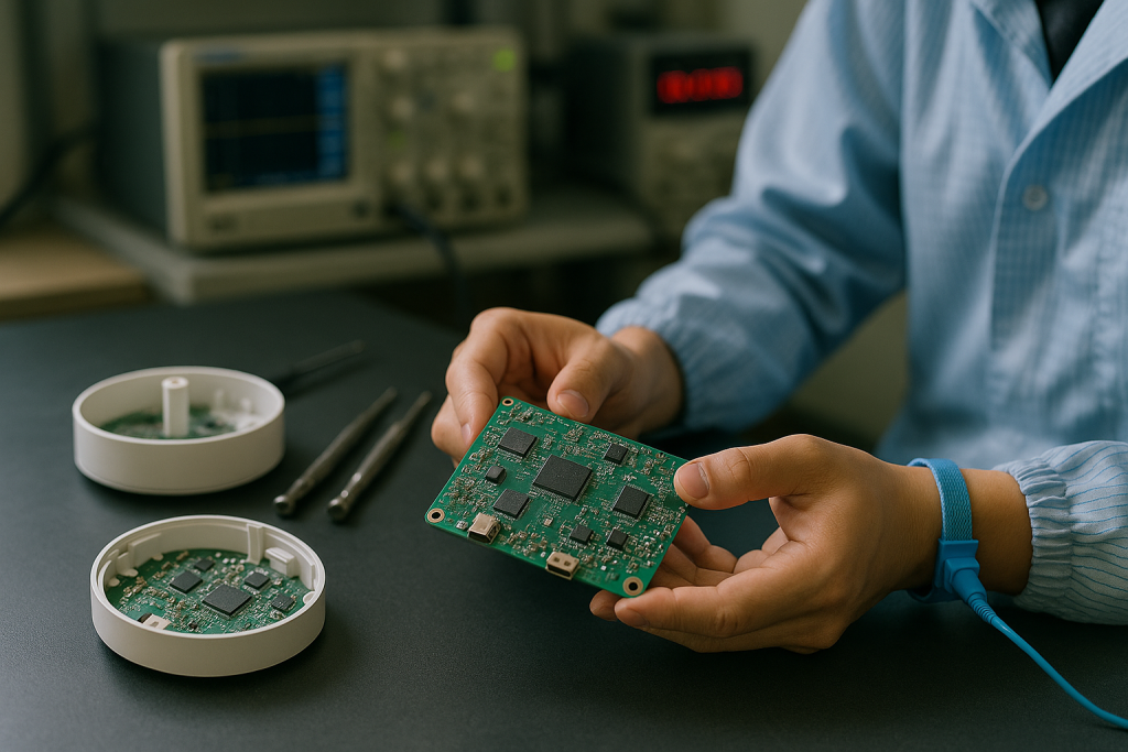 Engineers inspecting a smart home device prototype and PCB on an assembly bench in Shenzhen