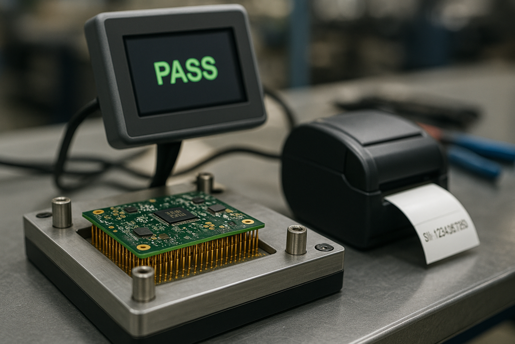 Close-up of a production test fixture with PCB on pogo-pin bed, operator touchscreen, and label printer