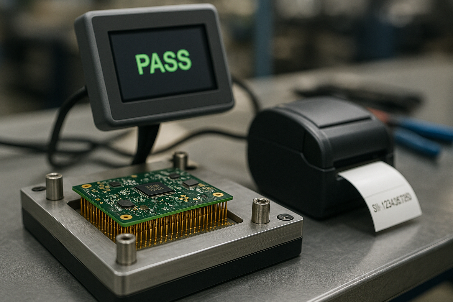 Close-up of a production test fixture with PCB on pogo-pin bed, operator touchscreen, and label printer