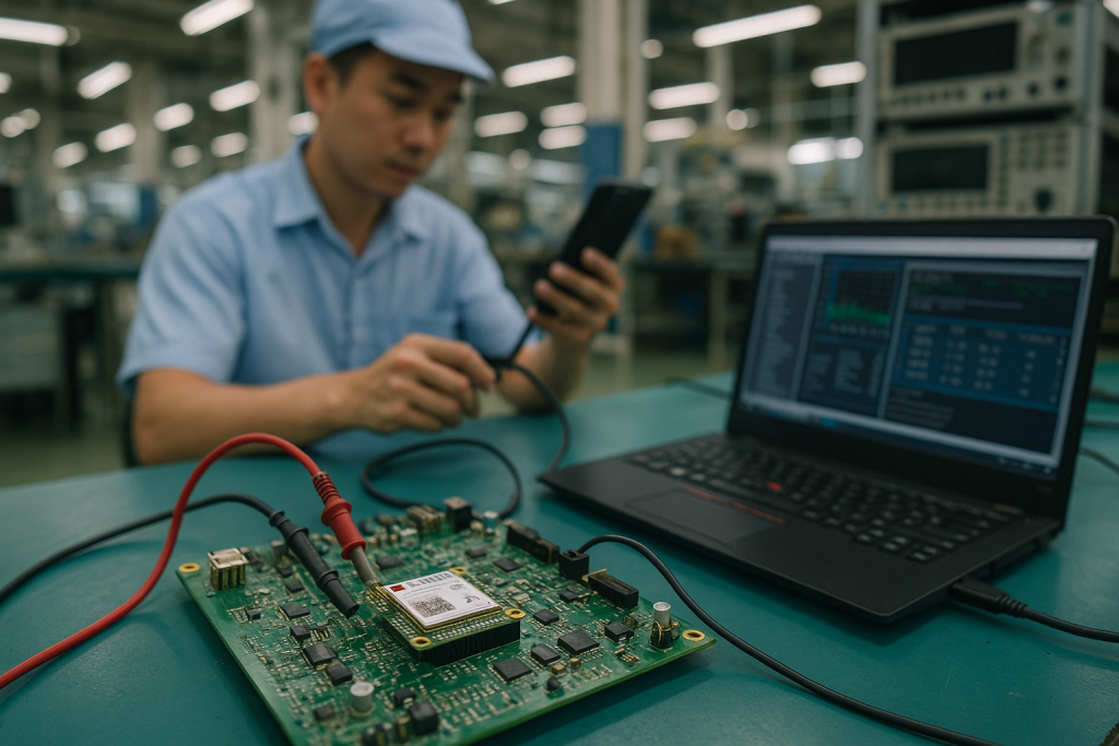 Photorealistic photo of a populated PCB with a cellular module on a workbench during testing