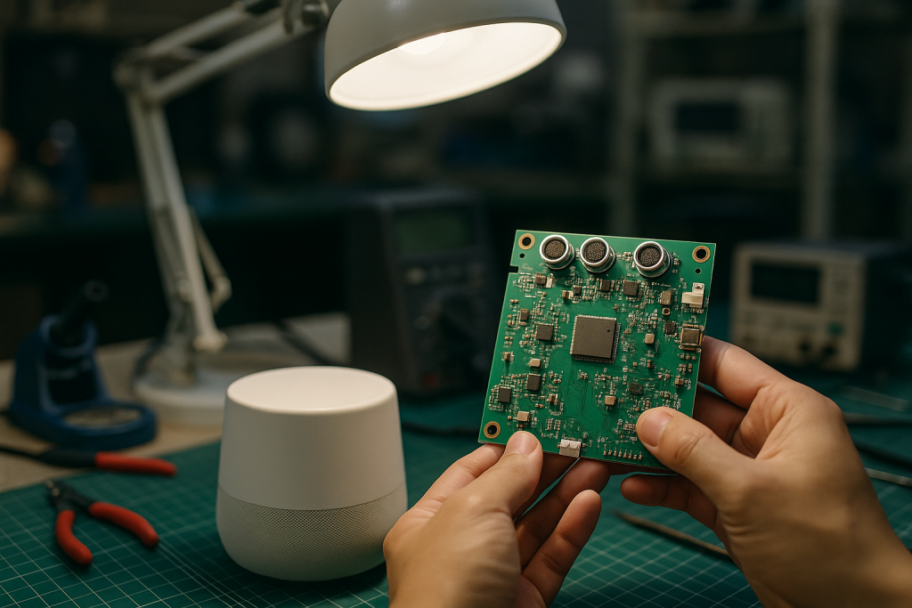 Prototype always listening device and PCB on a Shenzhen development workbench with engineer testing
