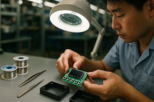 Technician aligning a PCB with buttons, LEDs, and a small screen on a workbench