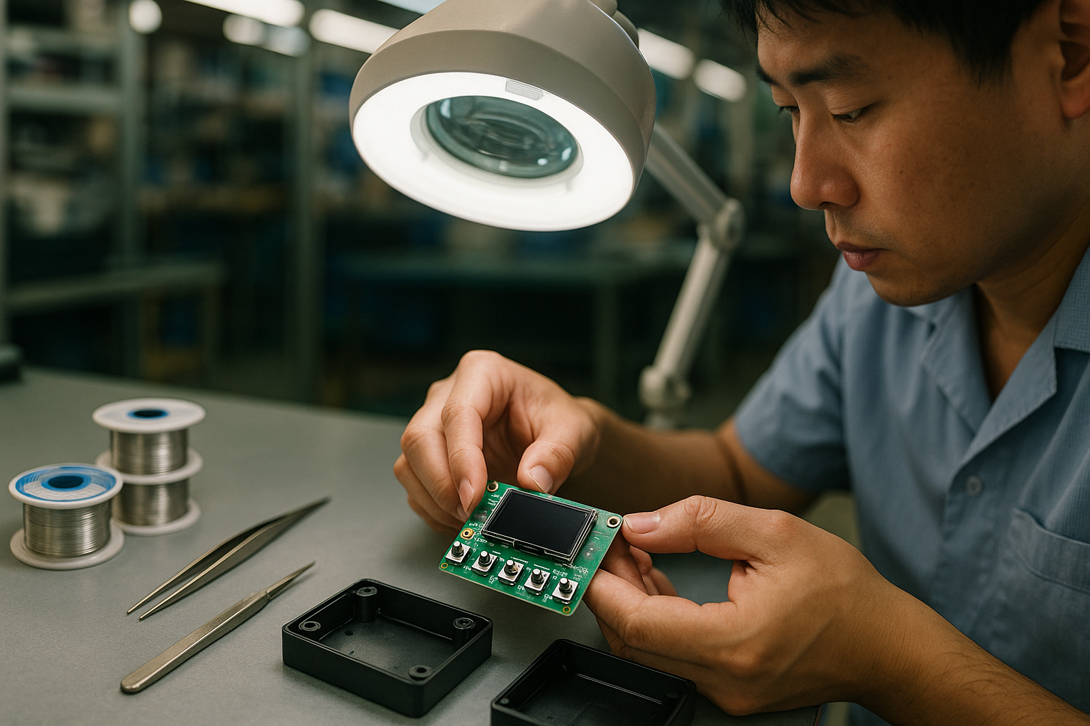 Technician aligning a PCB with buttons, LEDs, and a small screen on a workbench