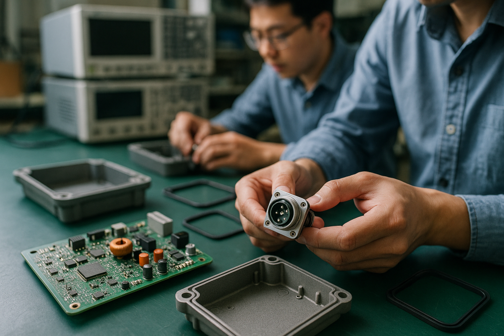 Engineers assembling an industrial IoT device with PCB, enclosure, and connectors on a workshop bench