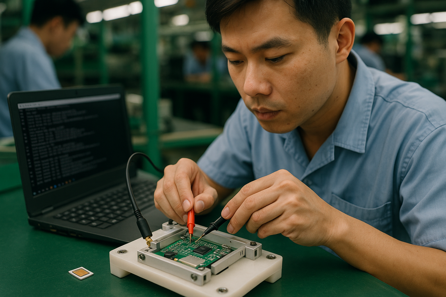 Engineer using a test fixture to validate antenna and SIM connections on a PCB