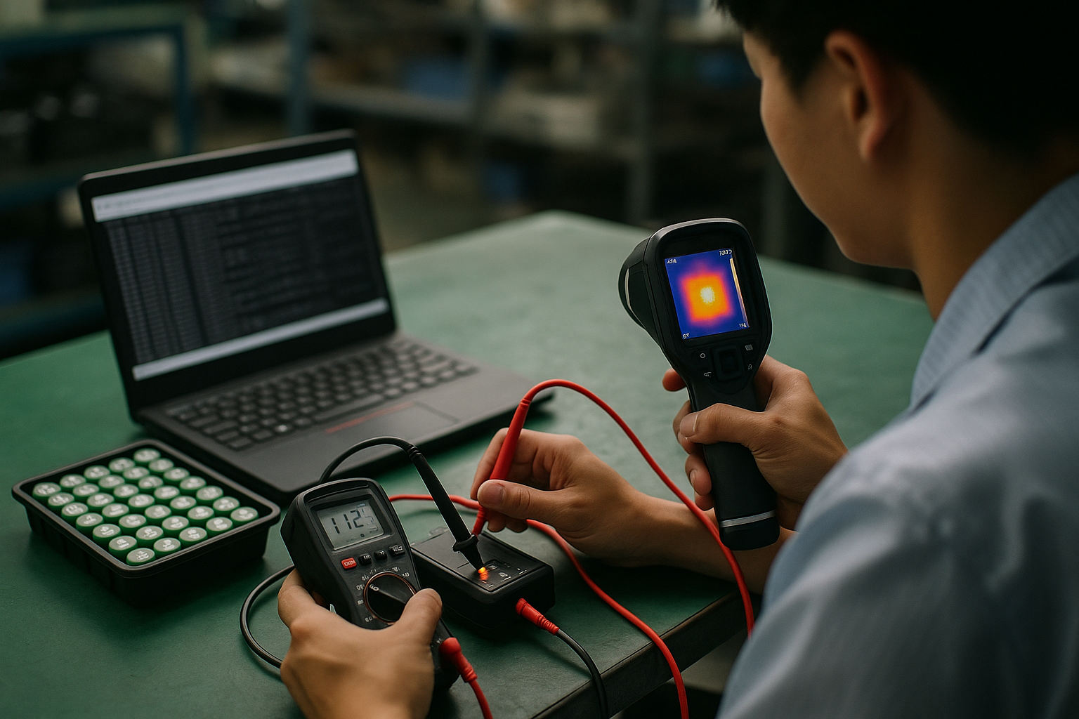 Technician testing a battery powered device with measurement equipment on an assembly workbench