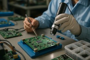 Technician inspecting assembled printed circuit board on an engineering bench with test fixtures and tools