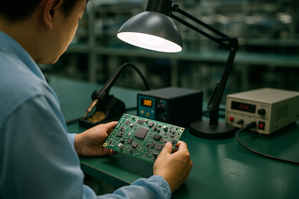 Technician inspecting a populated PCB on a factory bench with test equipment visible