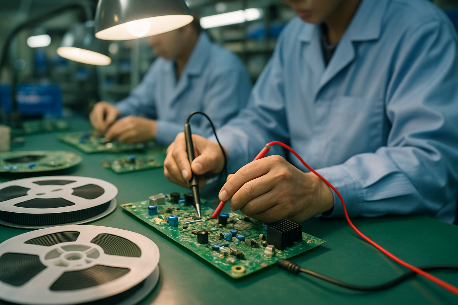 Technician assembling and testing a populated printed circuit board at a factory workbench