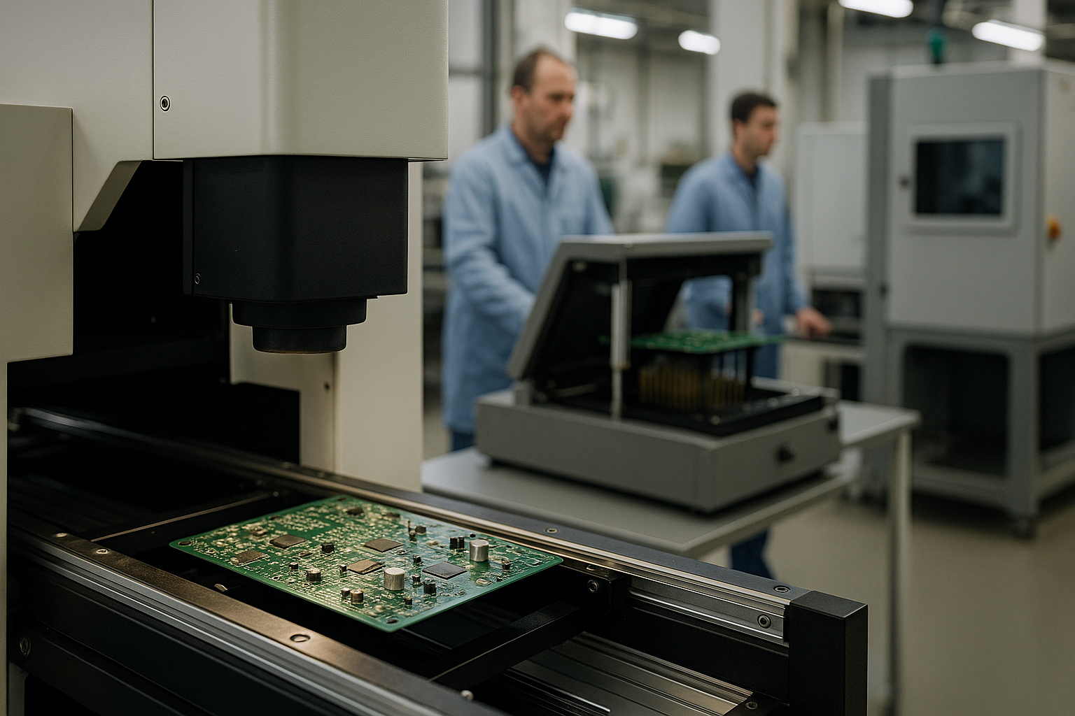Technician and automated inspection equipment examining a populated circuit board in a Shenzhen electronics factory