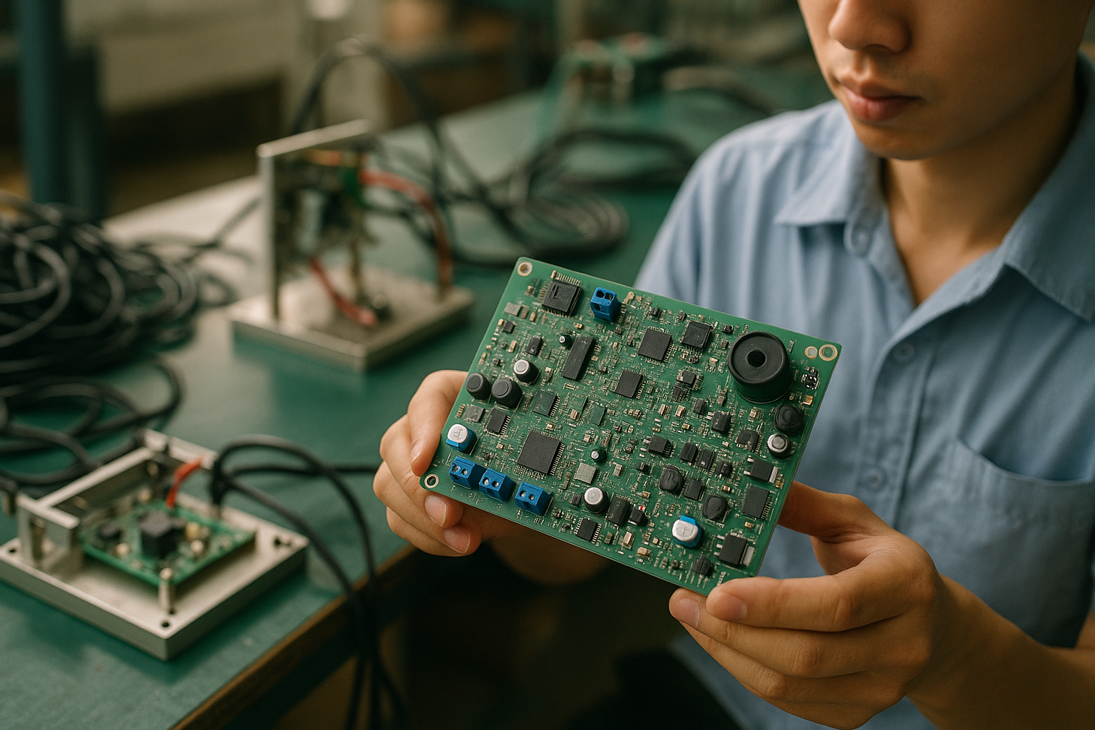 Technician holding a populated PCB with sensors and test fixtures on an assembly bench in a Shenzhen factory