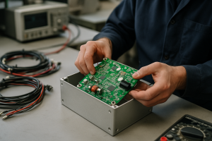 Technician fitting a populated PCB into an enclosure with cable harnesses and bench test equipment visible