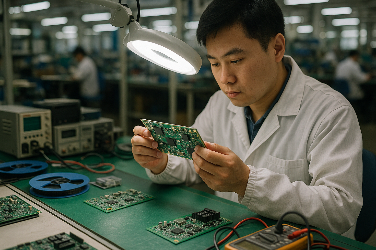 Technician inspecting a populated PCB under task light with test equipment visible